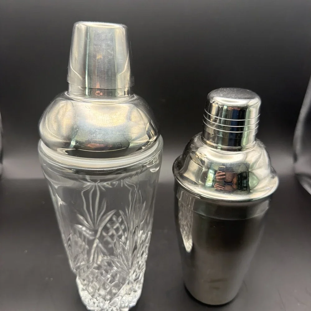 Vintage Cocktail Shakers Lot of 2 Cut Crystal Glass & Silver Tone Barware